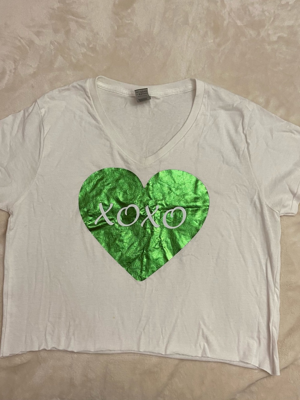 Gildan White V-Neck Tee with Green Heart XOXO Graphic